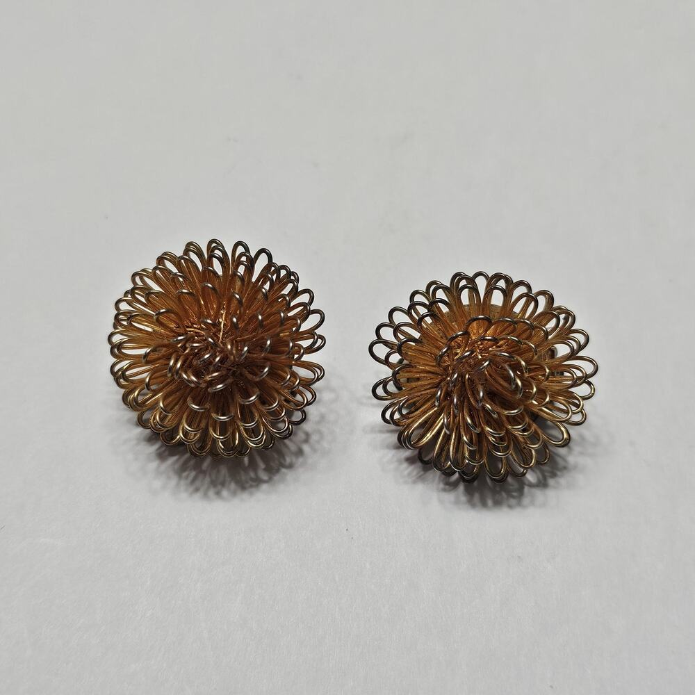 Vintage 1960s Gold Pom Pom Clip On Earrings, Looped Wire Dandelion Design
